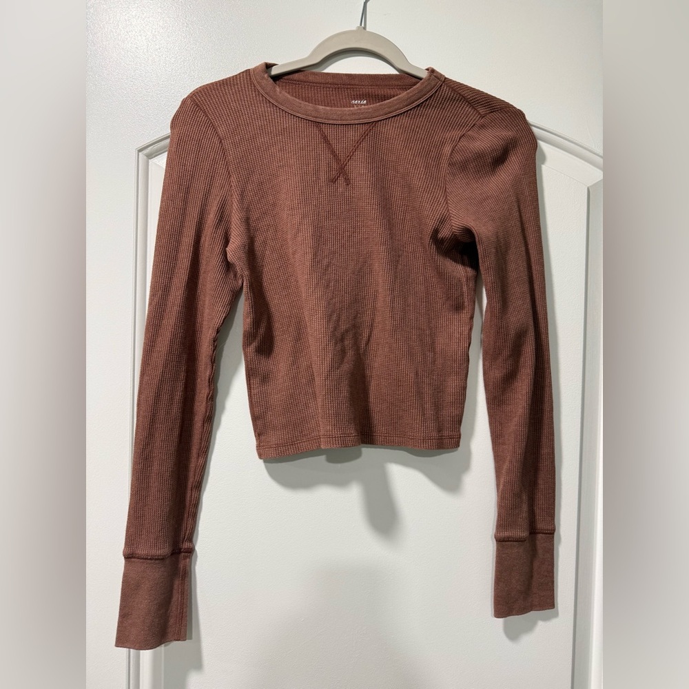 aerie Ribbed Long-Sleeve Crop Top - Rust Brown